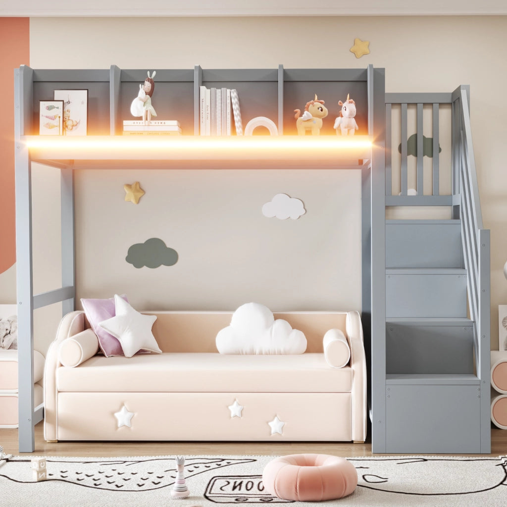 Letto a soppalco 90 × 200 cm con barriera di sicurezza, ripiani e LED, senza materasso, in legno grigio