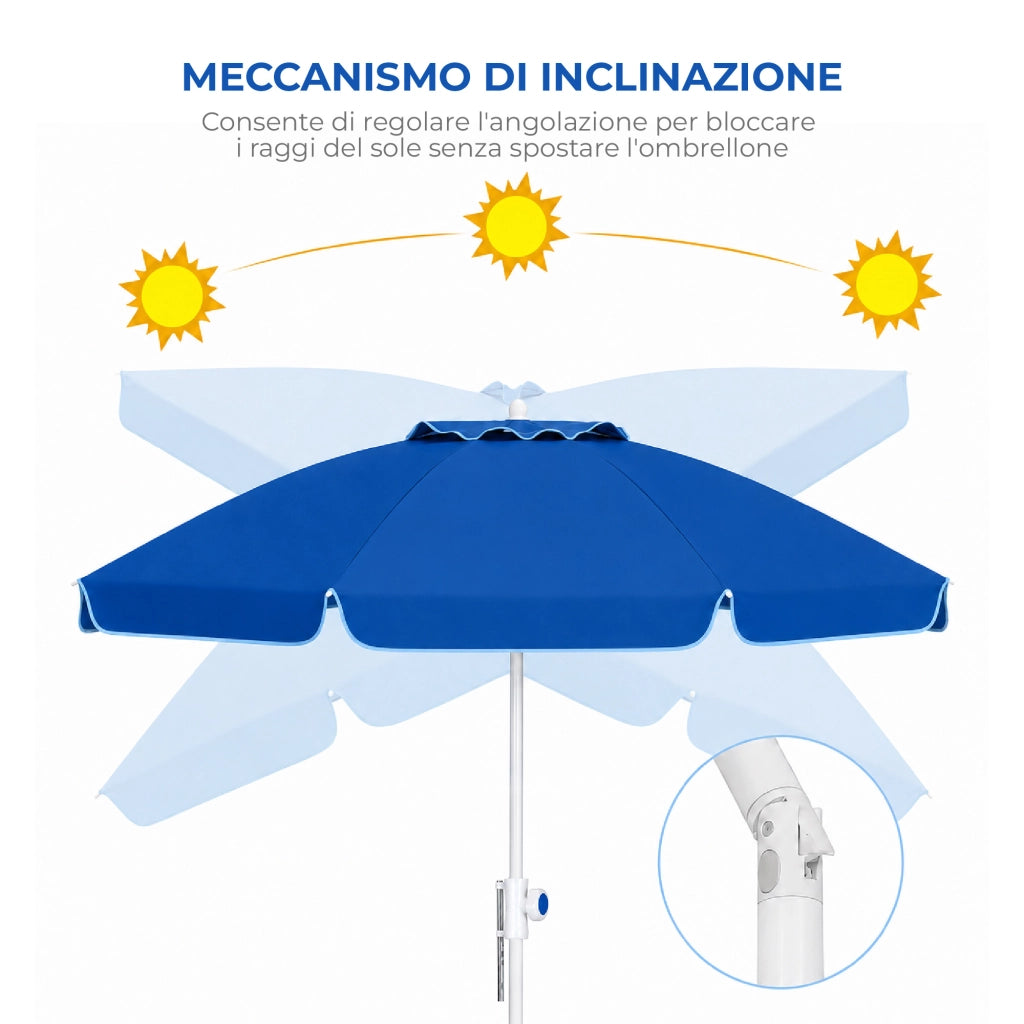 Ombrellone Mare Maxi 220 cm con Protezione UV, Palo a Vite e Inclinazione Regolabile, Parasole da Spiaggia con Presa d'Aria Antivento, Stecche Resistenti e Custodia Trasporto Blu