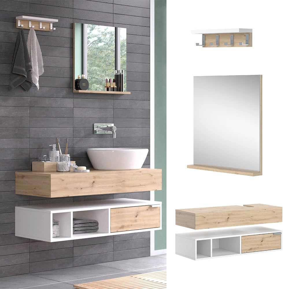 Set di mobili da bagno Henri, Bianco, 100 cm, composto da mobile sottolavabo, specchiera e mobile medio
