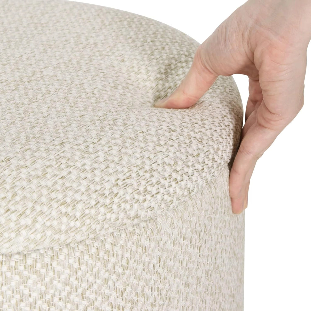 Pouf Contenitore con Coperchio, Pouf Poggiapiedi in Lino Grosso, Sgabello Tondo Salvaspazio con Gambe in Legno di Pino per Soggiorno, Corriodio, Camera, Ø 39x33 cm, Beige