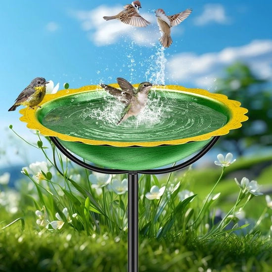 Vogelbad esterno in posizione verticale, stazione di alimentazione per uccelli in metallo con base a 4 punti, serbatoio d'acqua per uccelli, stazione di alimentazione per uccelli per uccelli selvatici nel giardino (verde-giallo)