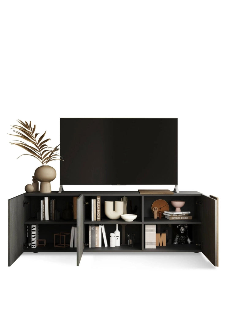 Mobile porta TV Sidr, Credenza da soggiorno, Armadio basso per TV, Base parete attrezzata, Made in Italy, 181x44 h59 cm, Ardesia e Noce