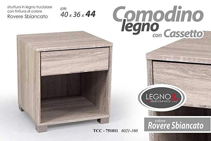 COMODINO ERMES CON CASSETTO IN LEGNO NATURALE COLORE ROVERE 40 X 36 X 44 CM