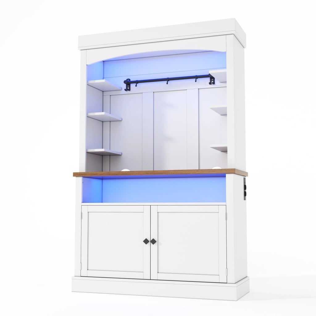 Credenza alta ad arco con illuminazione LED RGB, prese integrate e vani portaoggetti, 106 x 43 x 183 cm, bianca