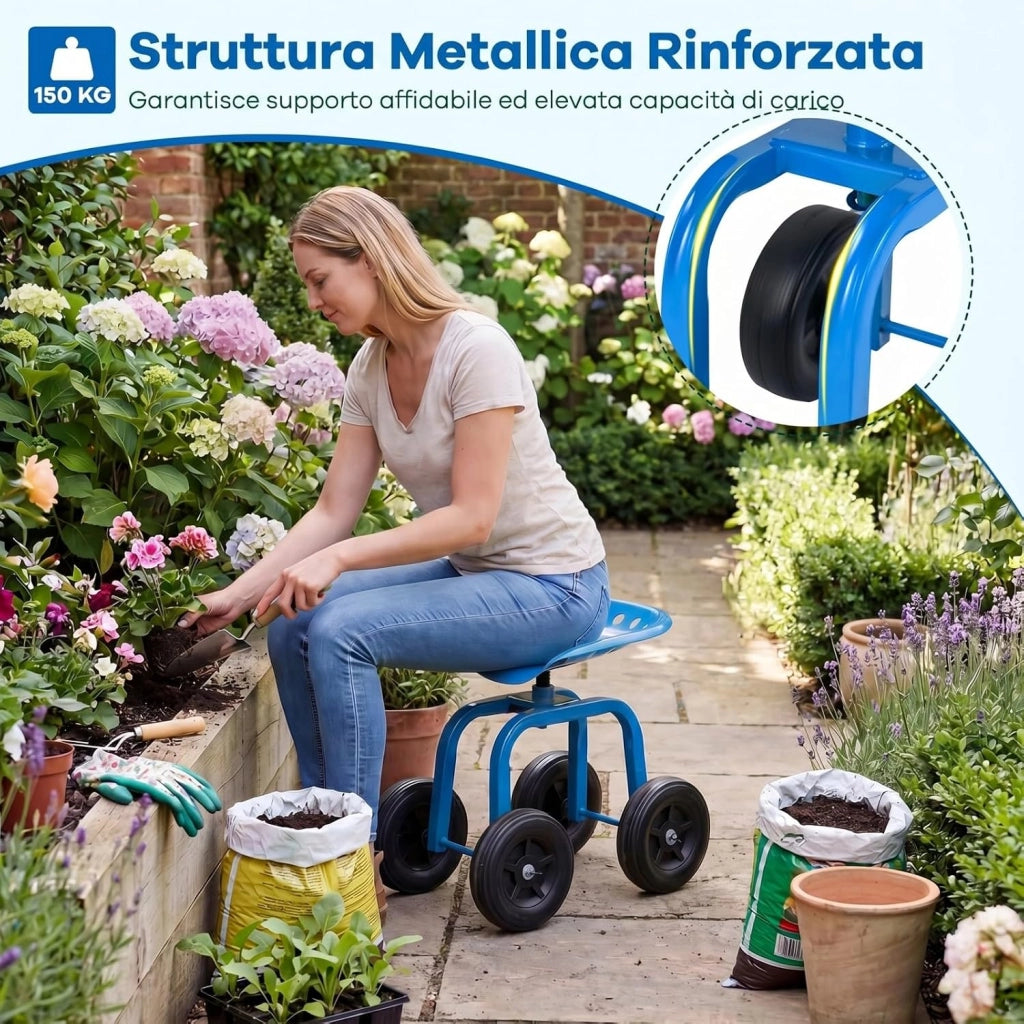 Sgabello con Ruote per Giardinaggio, Sedile con Ruote Regolabile in Altezza e Portatile, Seggiolino da Giardino, Prato e Cortile, Portata 150kg (Blu)