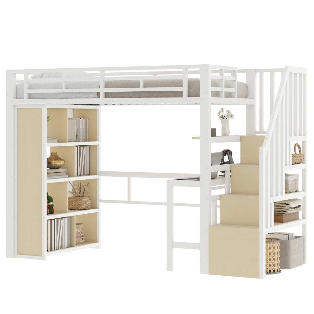 OKWISH Letto a soppalco 90×200 cm, Letto Singolo con Scrivania, Mensole, LED Regolabile e Scala con Contenitore, senza Materasso, Bianco