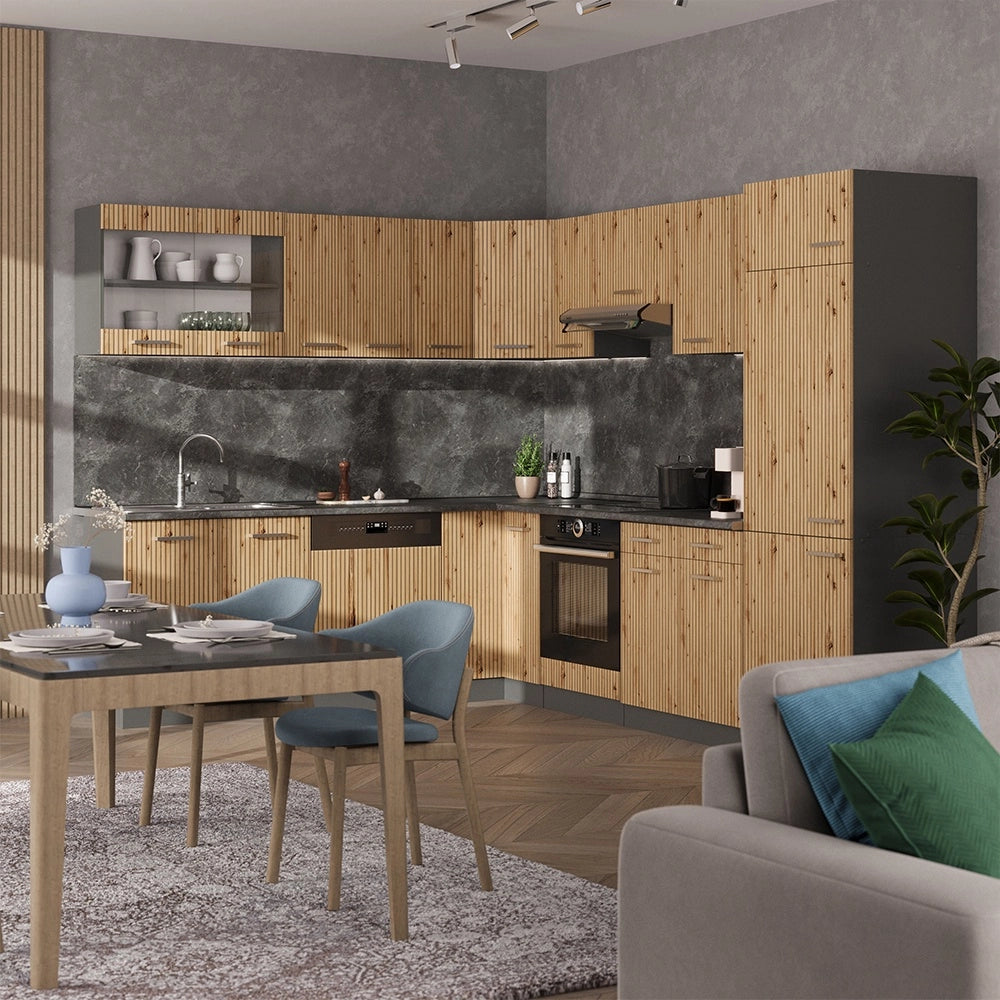 Cucina angolare completa R-Line Rovere artigianale/Antracite 287 x 227 cm, PL Marmo Vicco