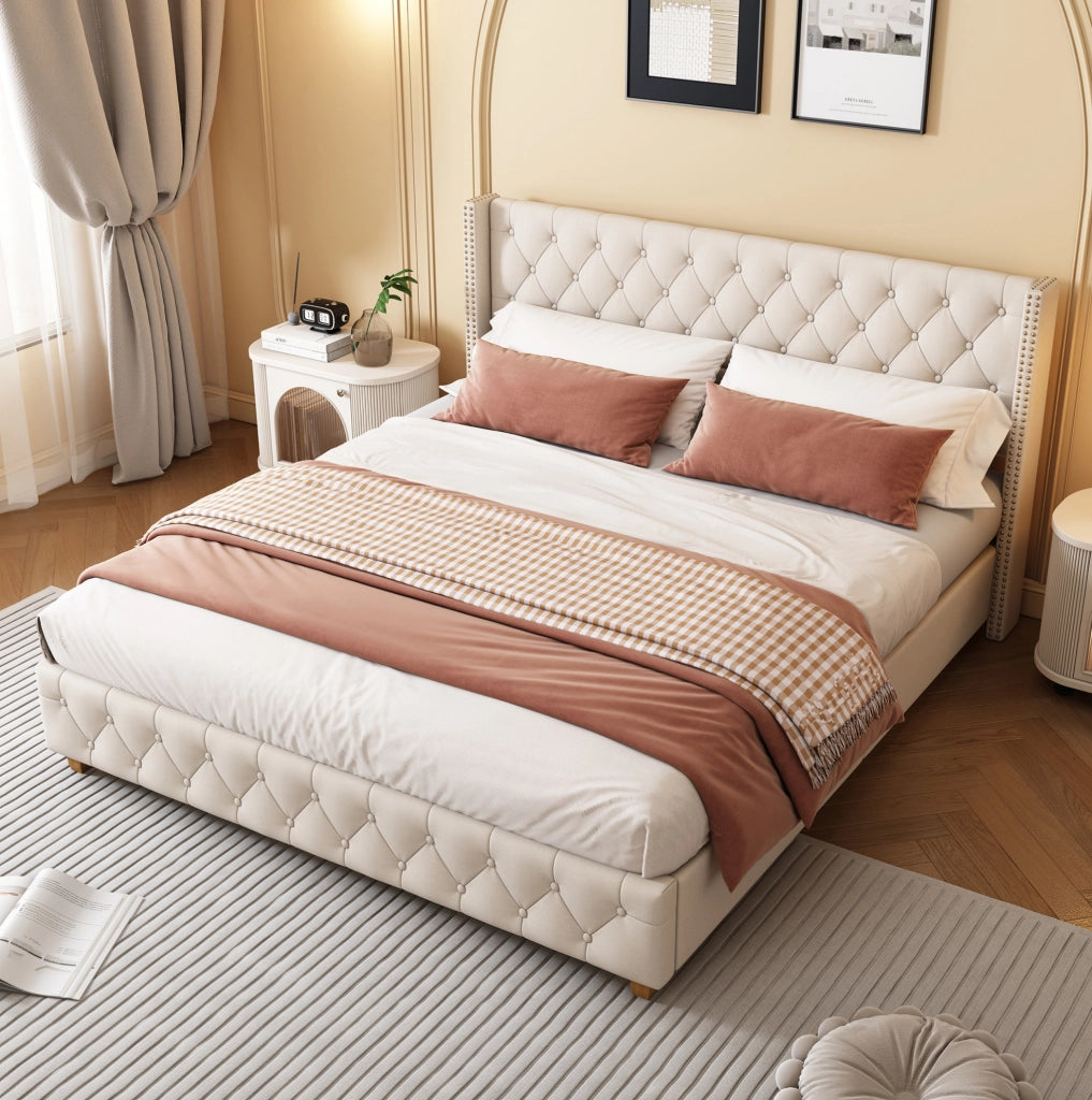 Letto imbottito 140x190 cm capitonn茅 con testiera e pediera in lino beige (Senza materasso)