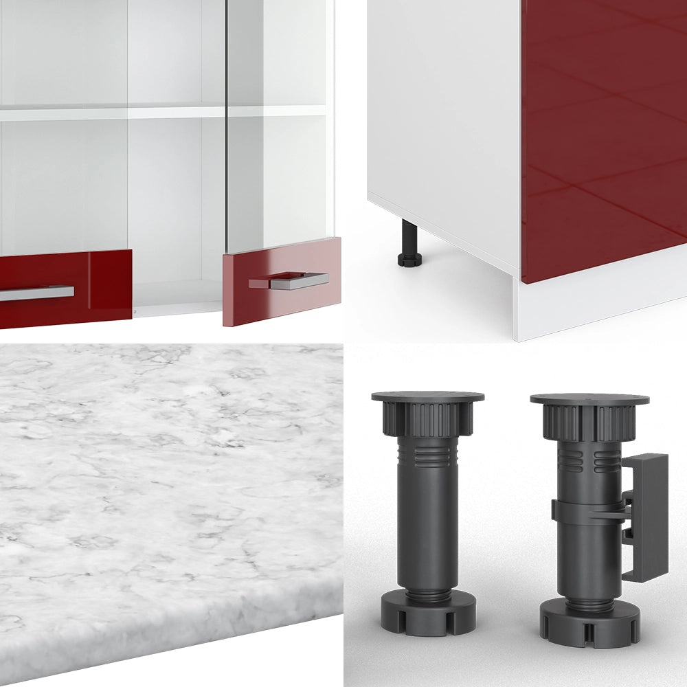 Vicco Cucina componibile Rosso lucido/bianco 300 cm con armadio alto, PL Marmo
