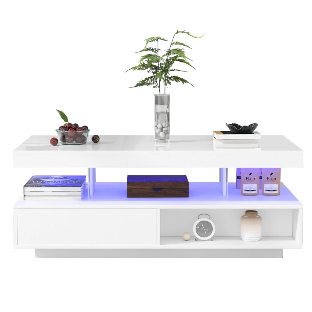 Tavolino da salotto bianco lucido 95x50x42;5 cm con 2 cassetti e 2 vani a giorno