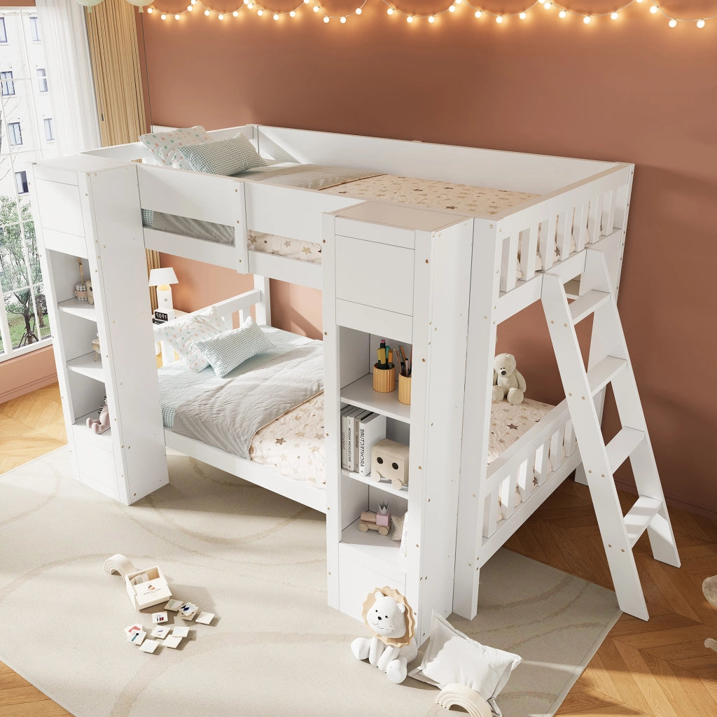 Letto a Castello 90x200 cm; 2 Posti - Contenitore; Ripiani; Scala reversibile - Bianco