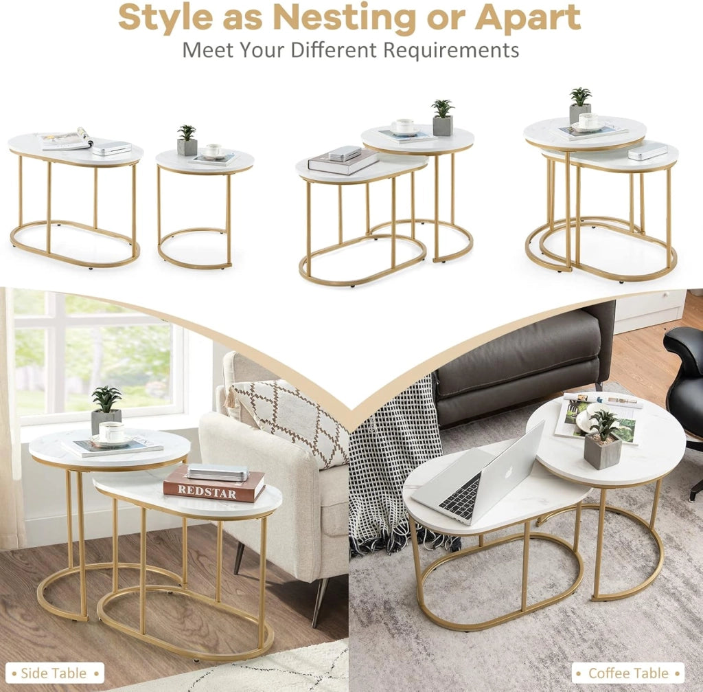Set di 2 Tavolini da Salotto in Marmorizzato Oro, Tavolino da Divano, Tavolino da Caffè dal Design Moderno, Comodino, Telaio in Metallo Dorato