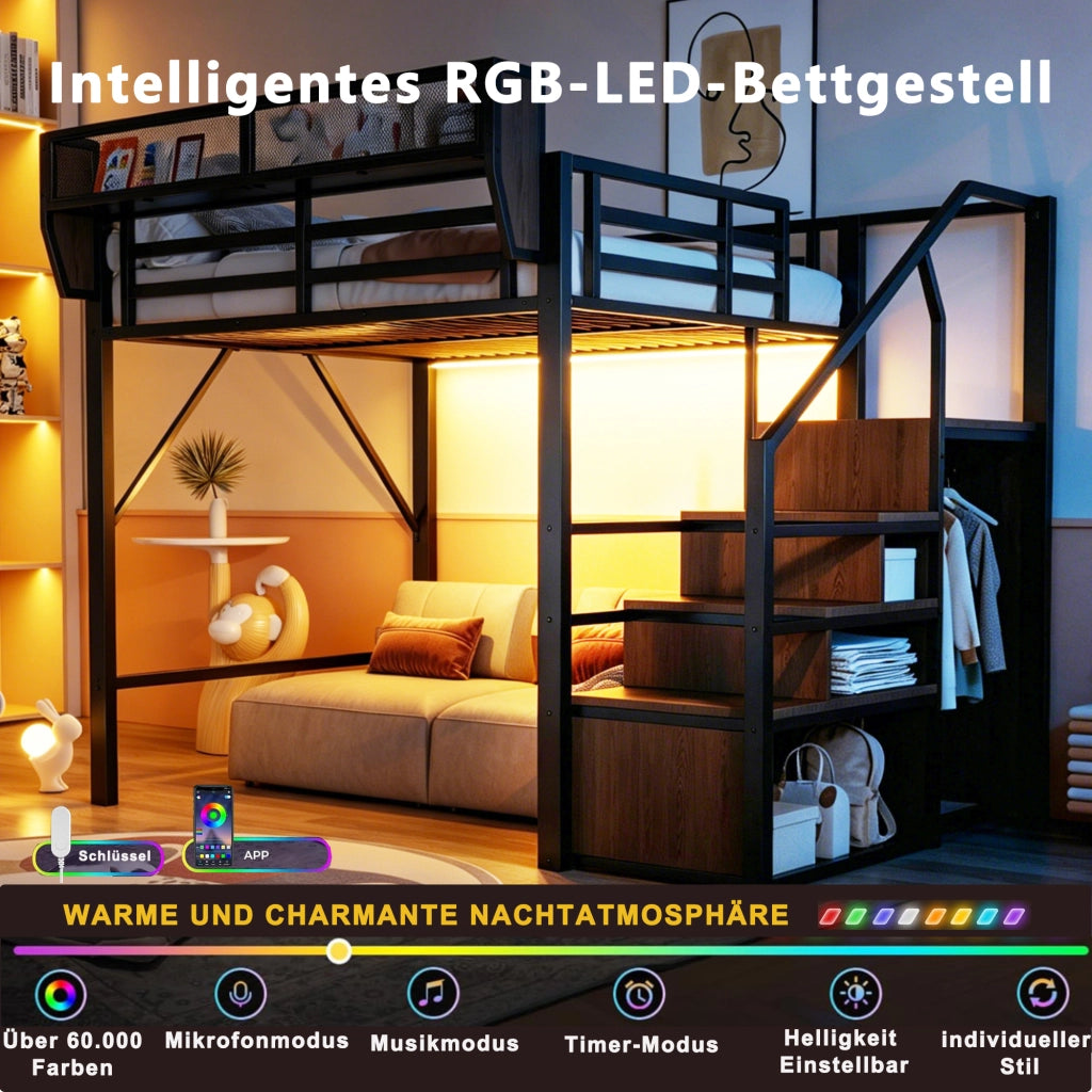 Letto a soppalco 140 × 200 cm con LED, scala di sicurezza e ripiano regolabile, senza materasso, metallo nero