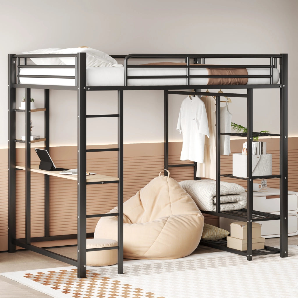 OKWISH Letto a soppalco 140×200 cm, Letto Matrimoniale con Scrivania, Mensole e Appendiabiti, senza Materasso, in Metallo, Nero