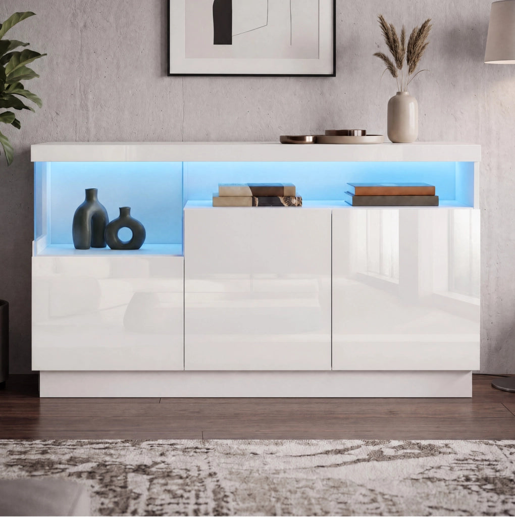 Credenza bianca 140 cm con LED controllati via app e vano acrilico