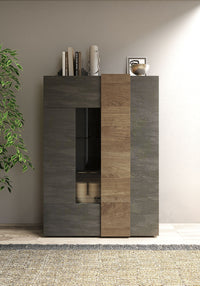 Vetrina Mobile Soggiorno Alto 2 Ante Senza Luci Venus 121x44x169 cm Titanio E Noce Mercure