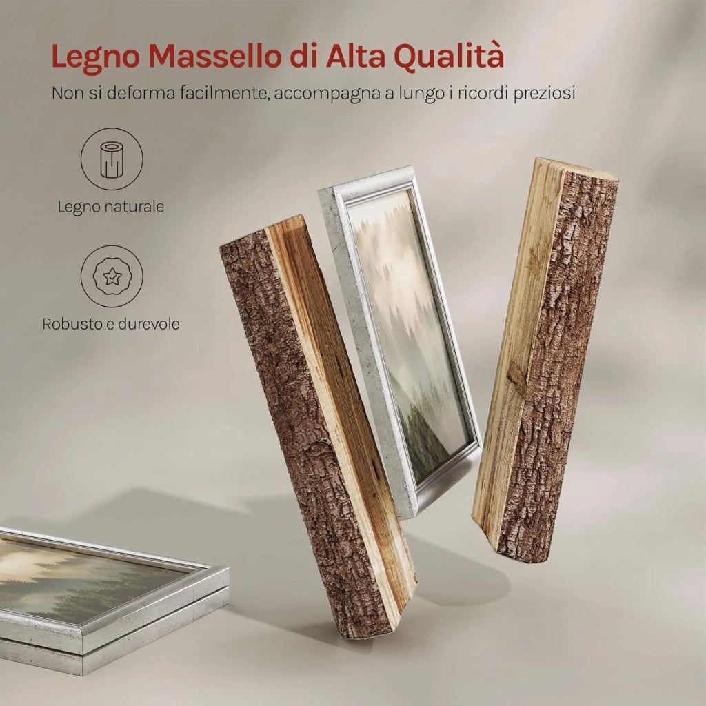 Set di 10 Cornici Foto 40x60 cm con Passepartout, Portafoto da Parete e Tavolo, Verticale o Orizzontale, in Legno Massiccio, Argento