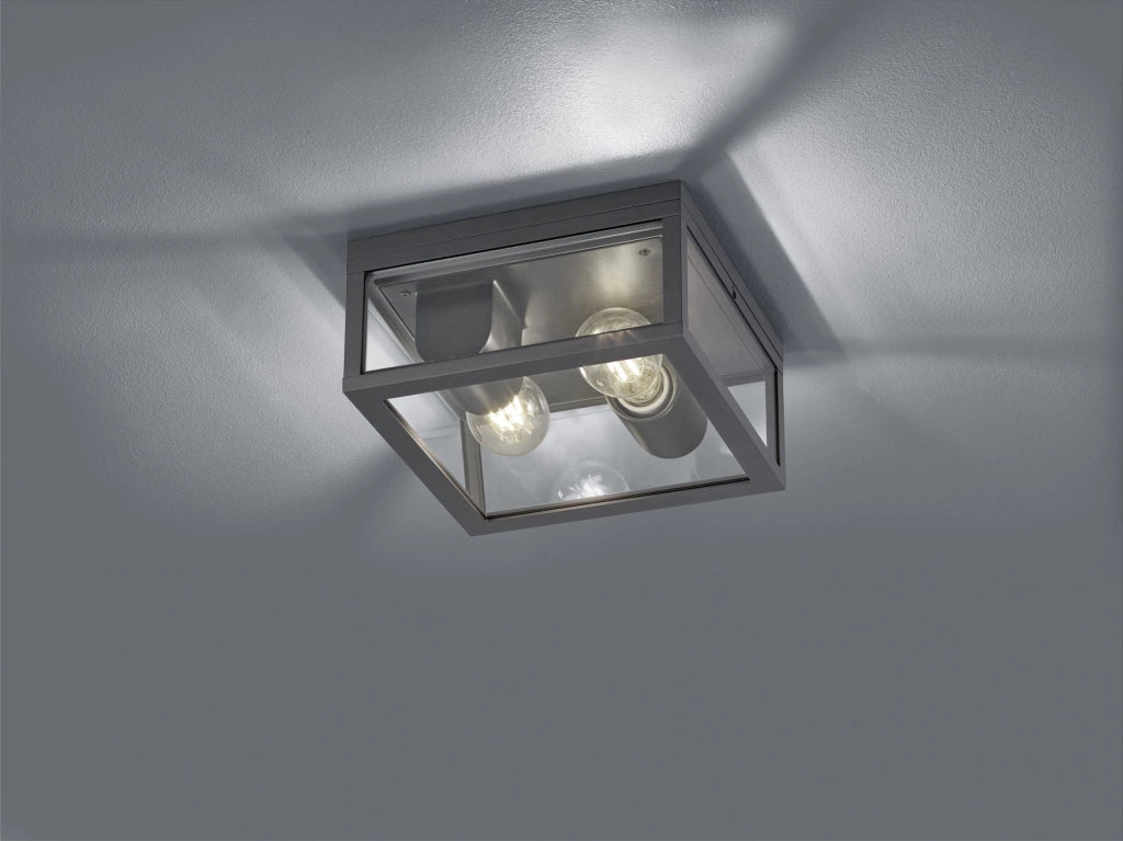 GARONNE PLAFONIERA DA ESTERNO DOPPIA LAMPADINA FUSIONE DI ALLUMINIO ANTRACITE E VETRO TRASPARENTE IP44 24X24CM 2 LUCI ATTACCO E27
