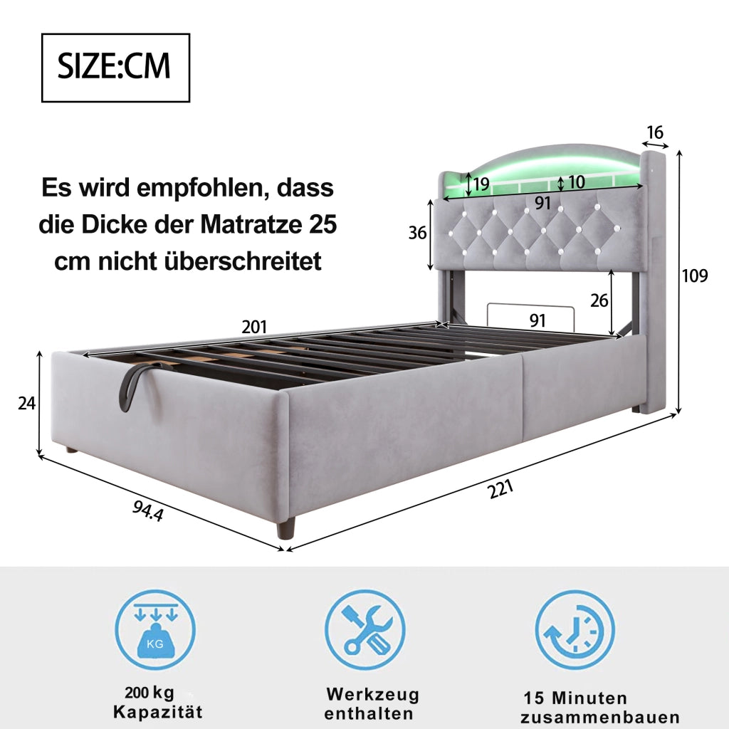 Letto contenitore 90x200 cm in velluto grigio con LED; USB e vano portaoggetti