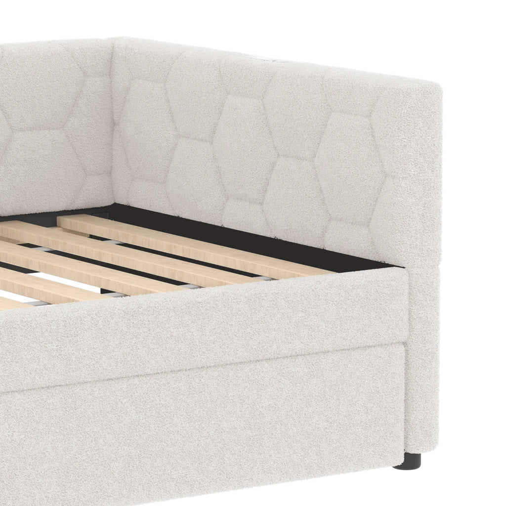 DESMIU Letto estraibile 90 × 200 cm 1 posto con lampada da comodino, USB, Type-C, senza materasso, in boucle, bianco