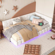 Letto singolo imbottito 90 x 200 cm con rete a doghe; luci LED multicolore e porte USB; bianco