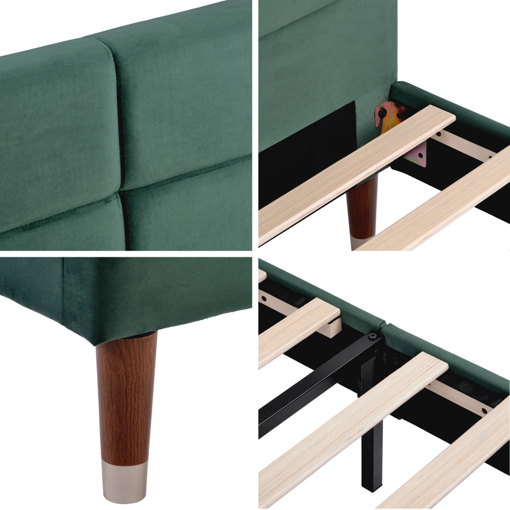 Letto matrimoniale 140x200 cm in velluto verde con rete a doghe e materasso 7 zone