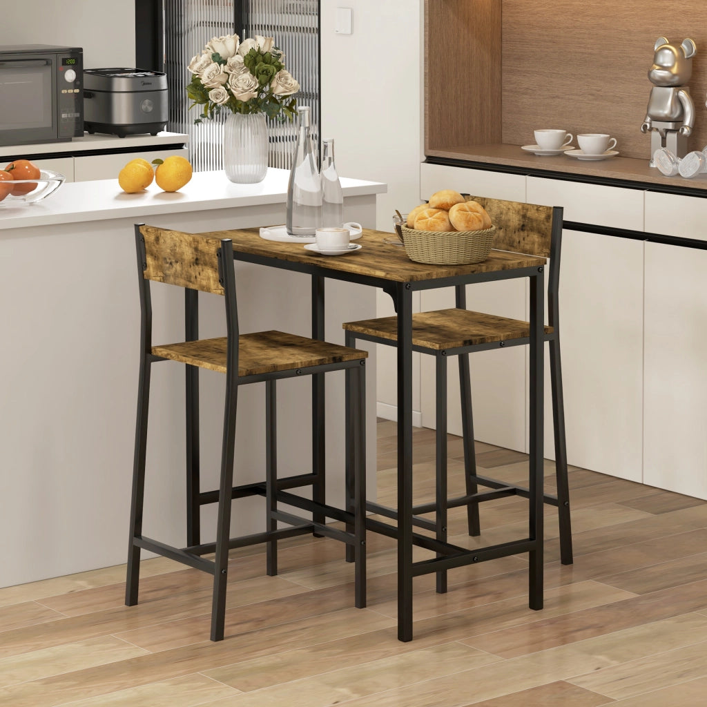 Set da Bar 3 Pezzi con Tavolo Alto e 2 Sgabelli in MDF e Metallo, Resistente e Pratico per Casa e Cucina, Marrone