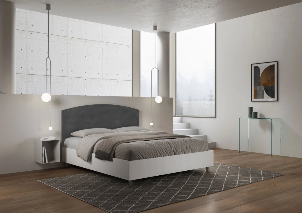 Letto Matrimoniale 160x200 cm con Rete e Contenitore Alzata Comoda Struttura Bianco Frassico e Testata in Microfibra