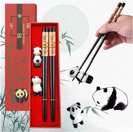 Esettabili stecchi panda stecchiere in scatola regalo per piatti asiatici sushi pasta noodle riso e zuppa calda - 2 paia - nero