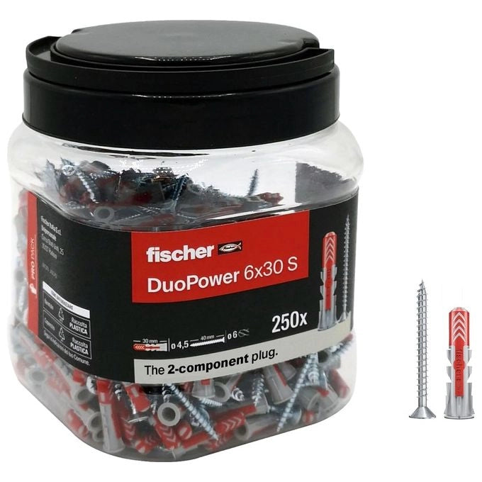Fischer 572885 DuoPower Tasselli con Vite 6x30 mm 250 Pezzi Propack Secchiello Riutilizzabile colore Grigio