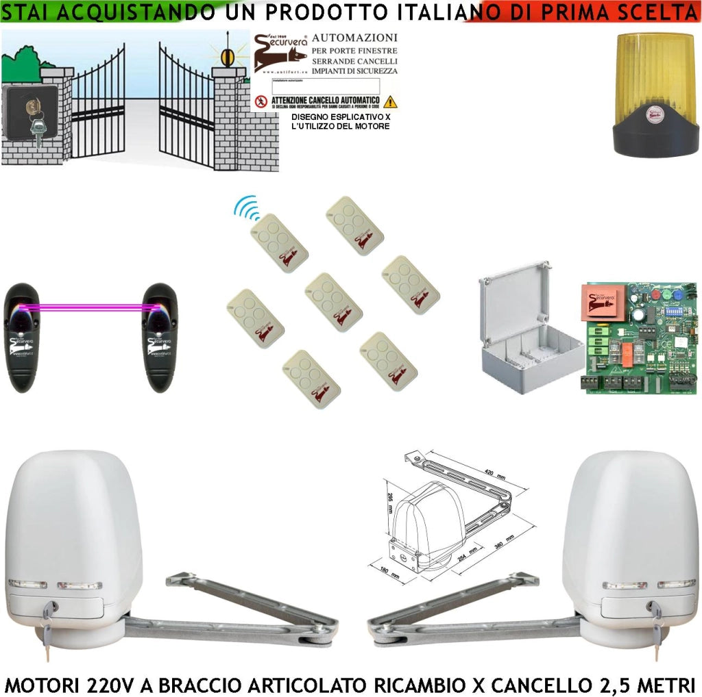 Apricancello 2 Motori Braccio Snodato Articolato 220 V Cancello Automatico 5 MT 2 Ante da 0,5 Fino a 2,5 Metri Centrale CBR 7 Radiocomandi Fotocellule Selettore