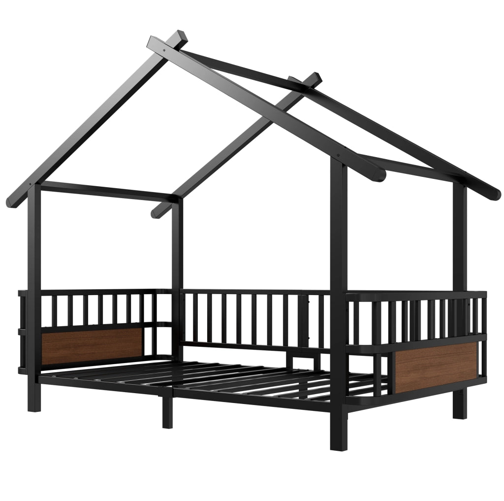 Letto a casetta 90x200 cm con sbarre di sicurezza in metallo nero