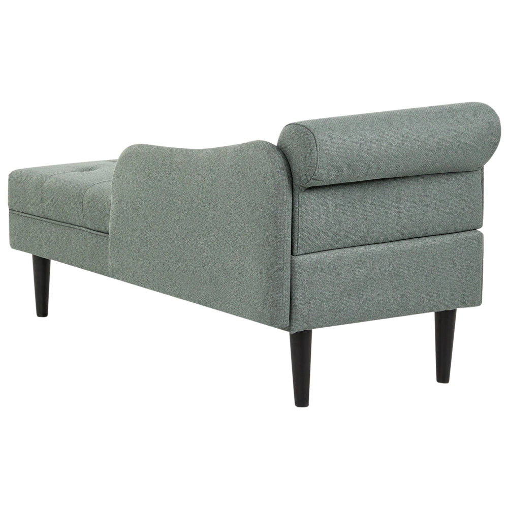 Chaise longue sinistra in tessuto verde imbottita con cuscino facile da pulire, gambe in legno, soggiorno moderno