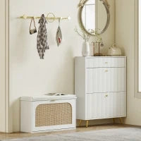 Panca Scarpiera con Seduta Imbottita da Ingresso, Design a Ribalta, in Rattan, 180x26x47,5 cm, Bianco