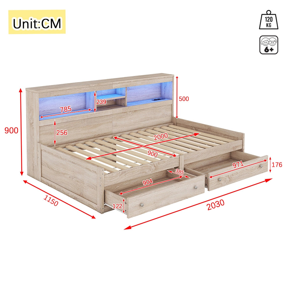 Letto a giorno con USB - Xylo - 90x200 cm - Naturale - 2 cassetti