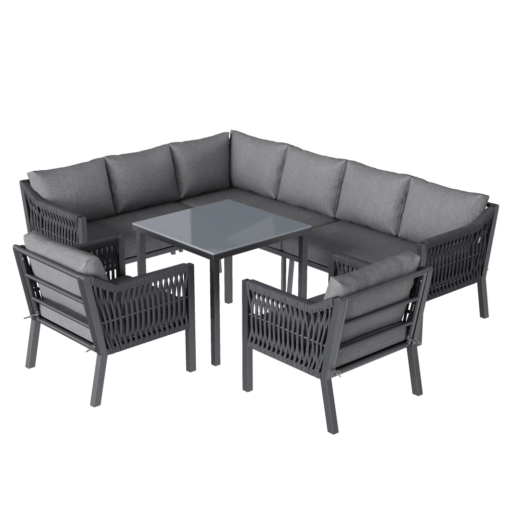 Set da Giardino 8 Posti con Tavolo, Divano Angolare e Poltrone ¨C MINIMAL ¨C Polyrattan Grigio, Piano in Vetro
