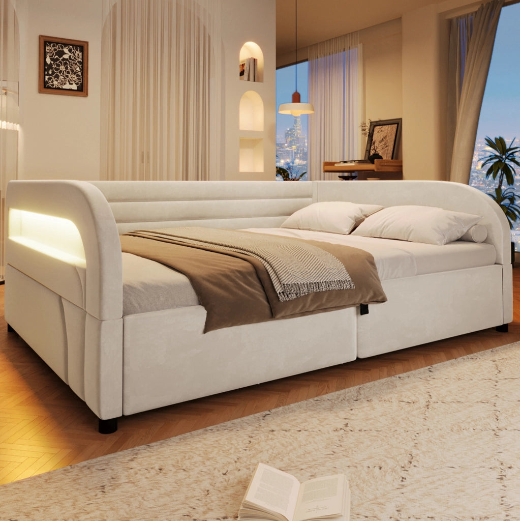 Letto imbottito 140x200 cm con contenitore idraulico e LED; in flanella beige