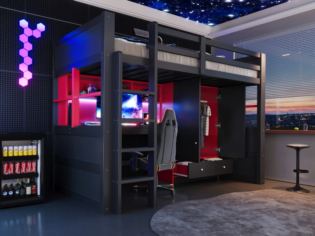 DESMIU Letto a soppalco 90 × 200 cm con scrivania, armadio, cassetti, LED, prese, senza materasso, nero e rosso