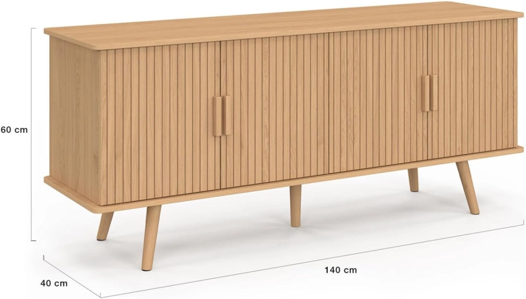 Credenza JULIETTE 140 cm con 4 ante a doghe in legno color rovere