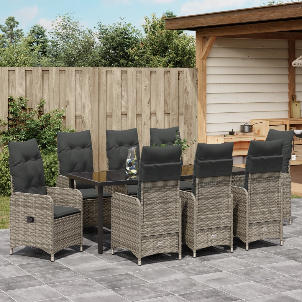 Set da Pranzo da Giardino 9 Pezzi con Cuscini Grigio Rattan PE