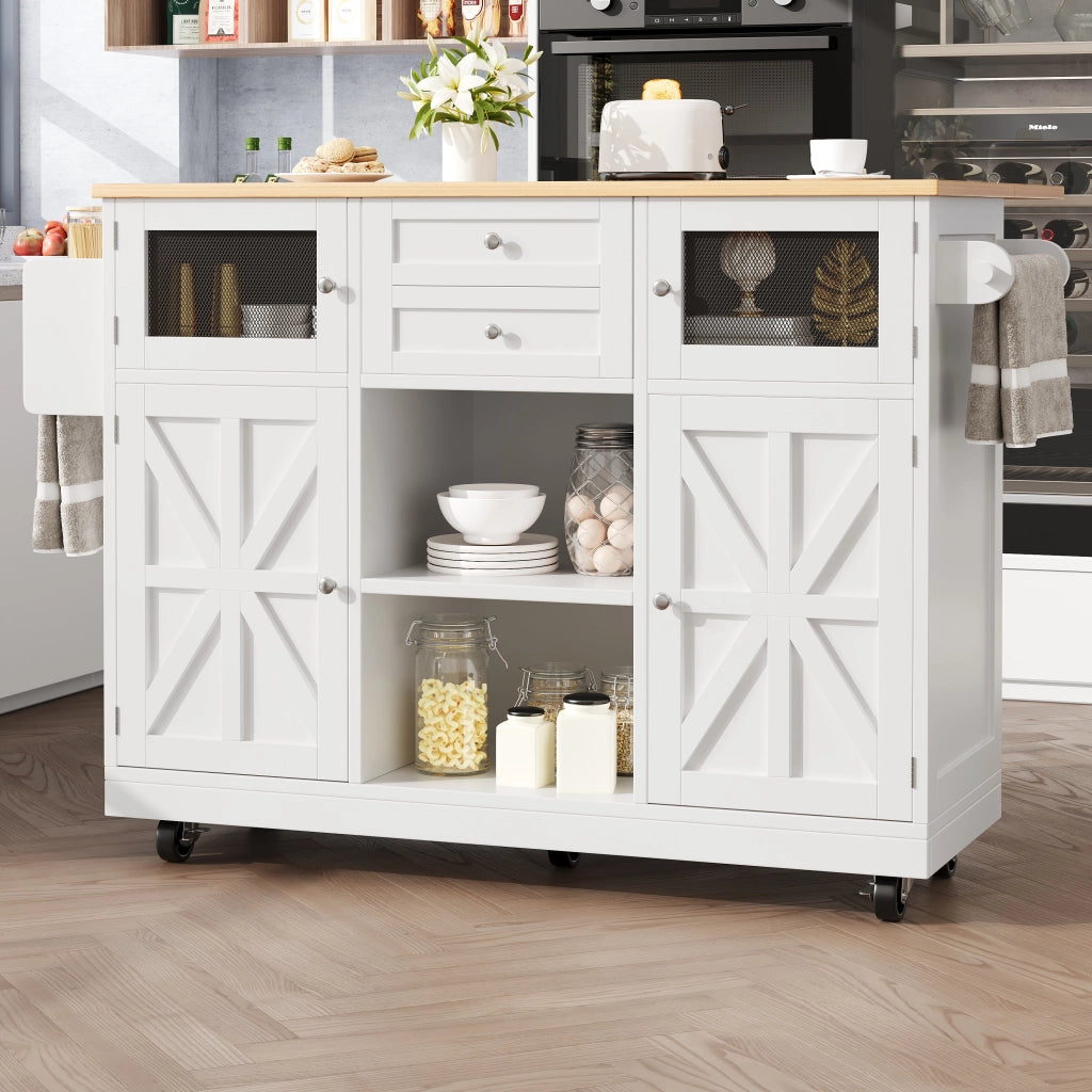 Carrello da Cucina con 2 Ante 2 Cassetti Ripiani Regolabili Portasciugamani e Ruote in MDF 140 x 40 x 93;5 cm Bianco