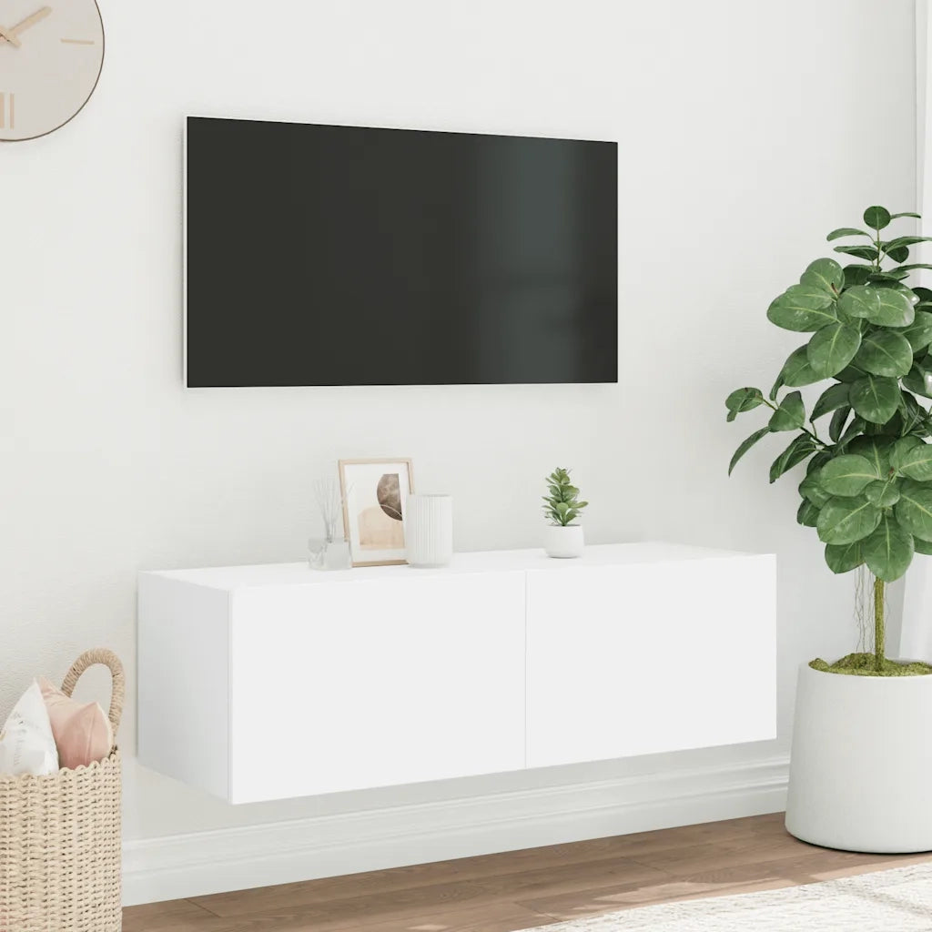 Mobile TV a Parete con Luci LED-Mobile TV a Muro Bianco 100x35x31 cm