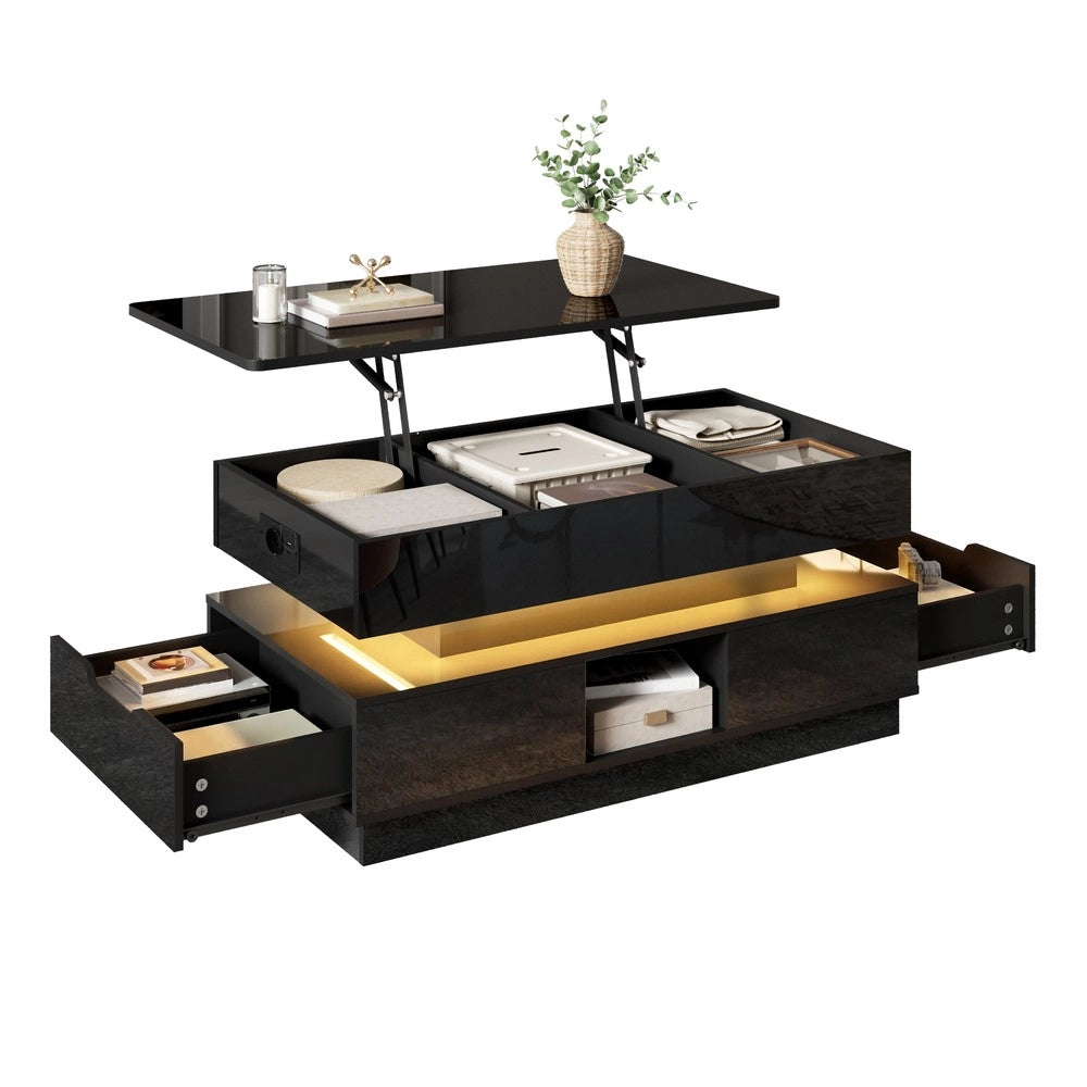 Tavolino da Salotto con LED, Cassetti e Ripiano ¨C Xylo ¨C Bianco Lucido, Lift-Top