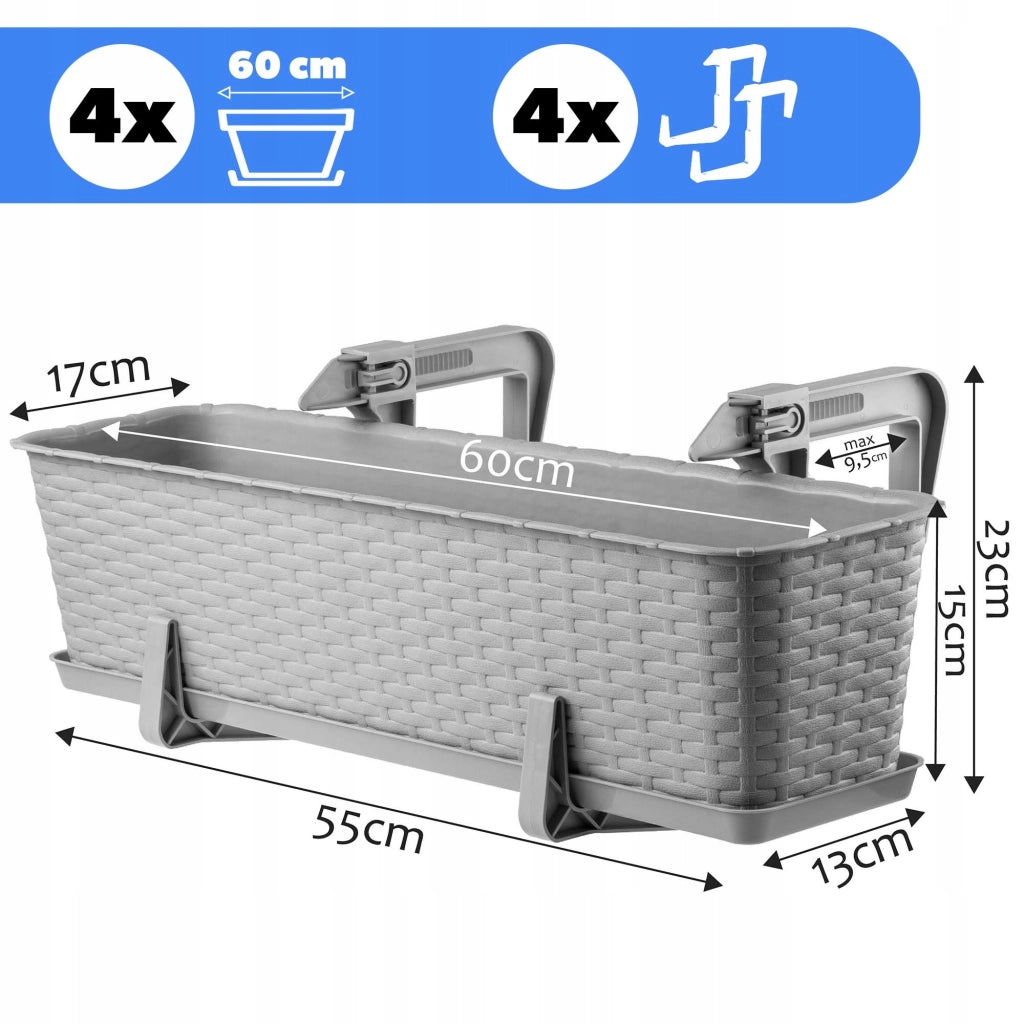 KADAX Fioriera da balcone 60 cm, supporto per vaso, manici (4 pezzi)