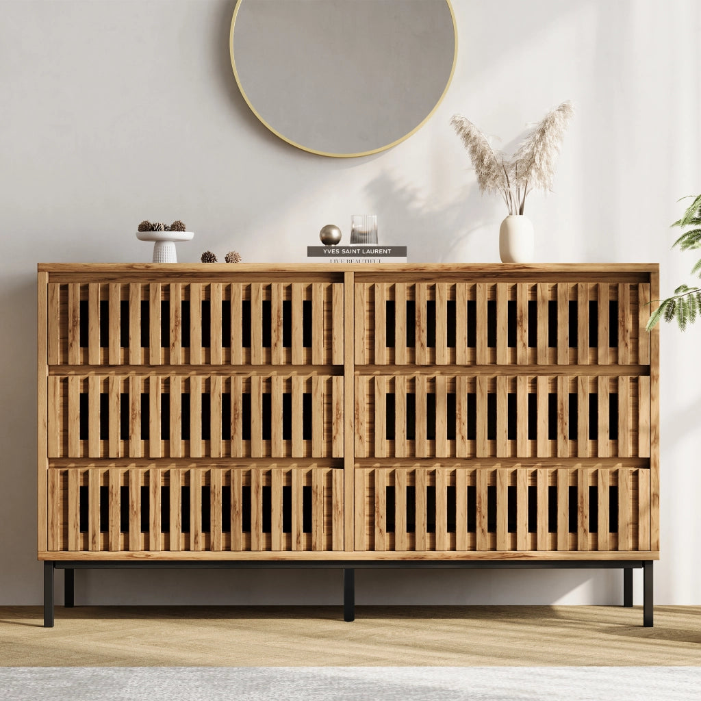 Credenza bassa con 6 cassetti, struttura in MDF e pannello truciolare, design a griglia, 120¡Á40¡Á81 cm, colore legno naturale