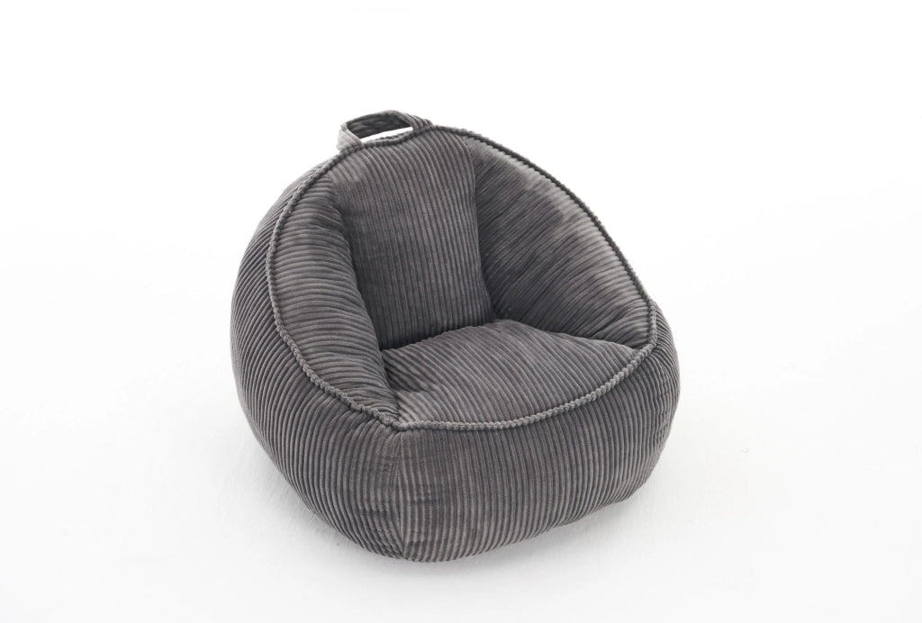 Pouf a sacco ULEVR per bambini in velluto a coste grigio, con forma curva di supporto