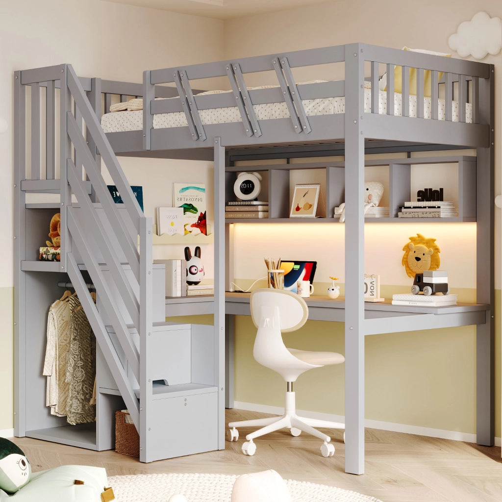 Letto a soppalco per bambini 90x200 cm con scrivania; LED e scala contenitore grigio