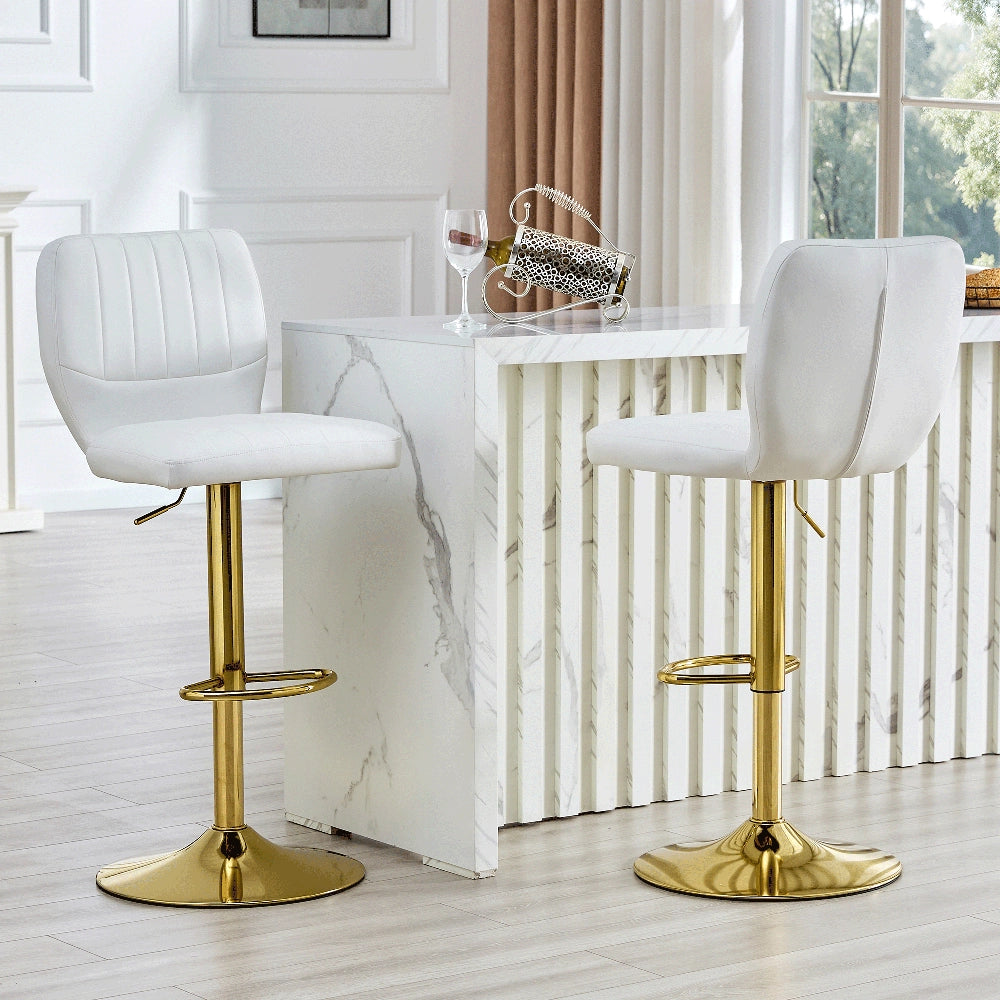 Sgabello da Bar Regolabile ¨C MINIMAL ¨C Similpelle Bianco Oro, Schienale, Girevole 360¡ã