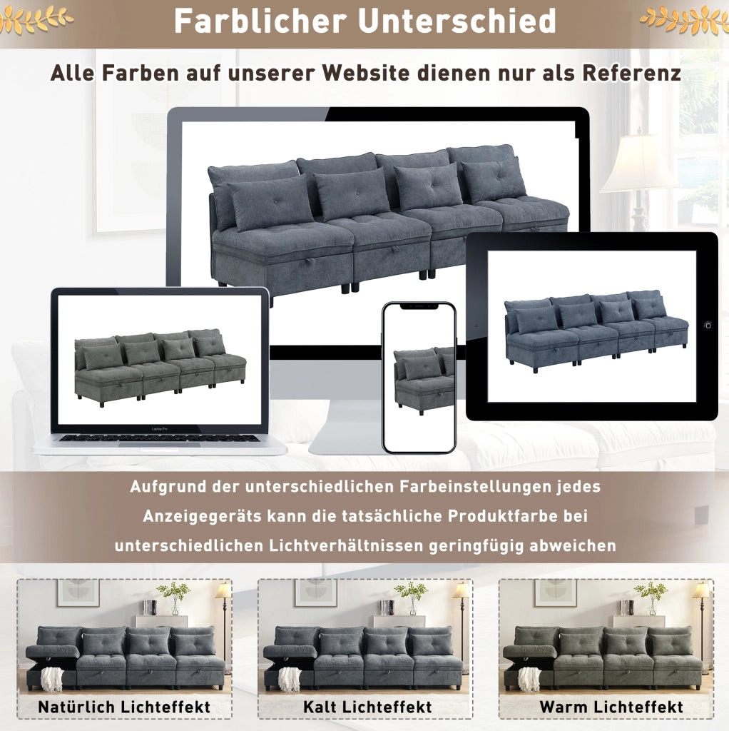 Divano modulare 4 posti con contenitore e funzione letto; 274x76x87 cm; chenille grigio antico