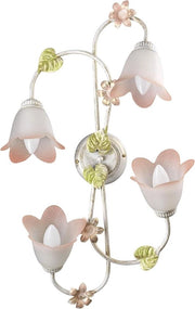 Lampada da soffitto con metallo oro, foglie verde, fiori rosa